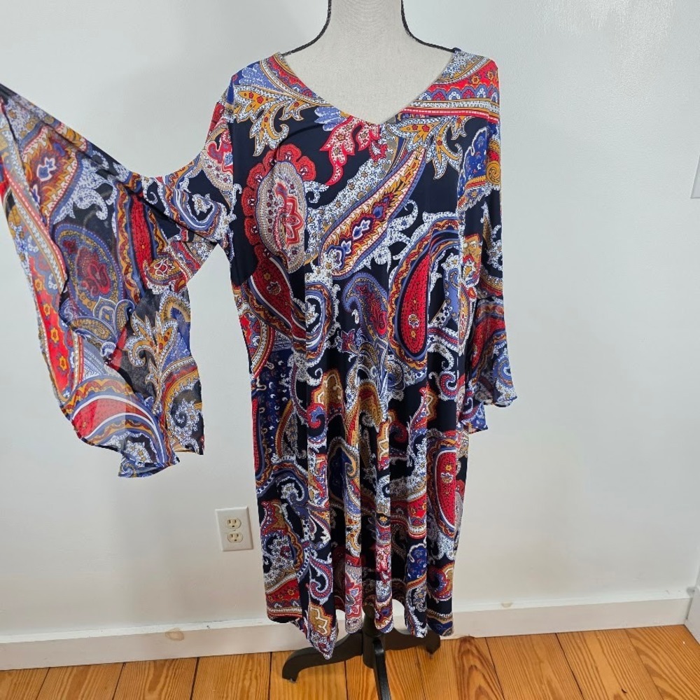 MSK Paisley Print Dress Women 2X Multi-Color Bell Sleeve Boho Shift Knee Length